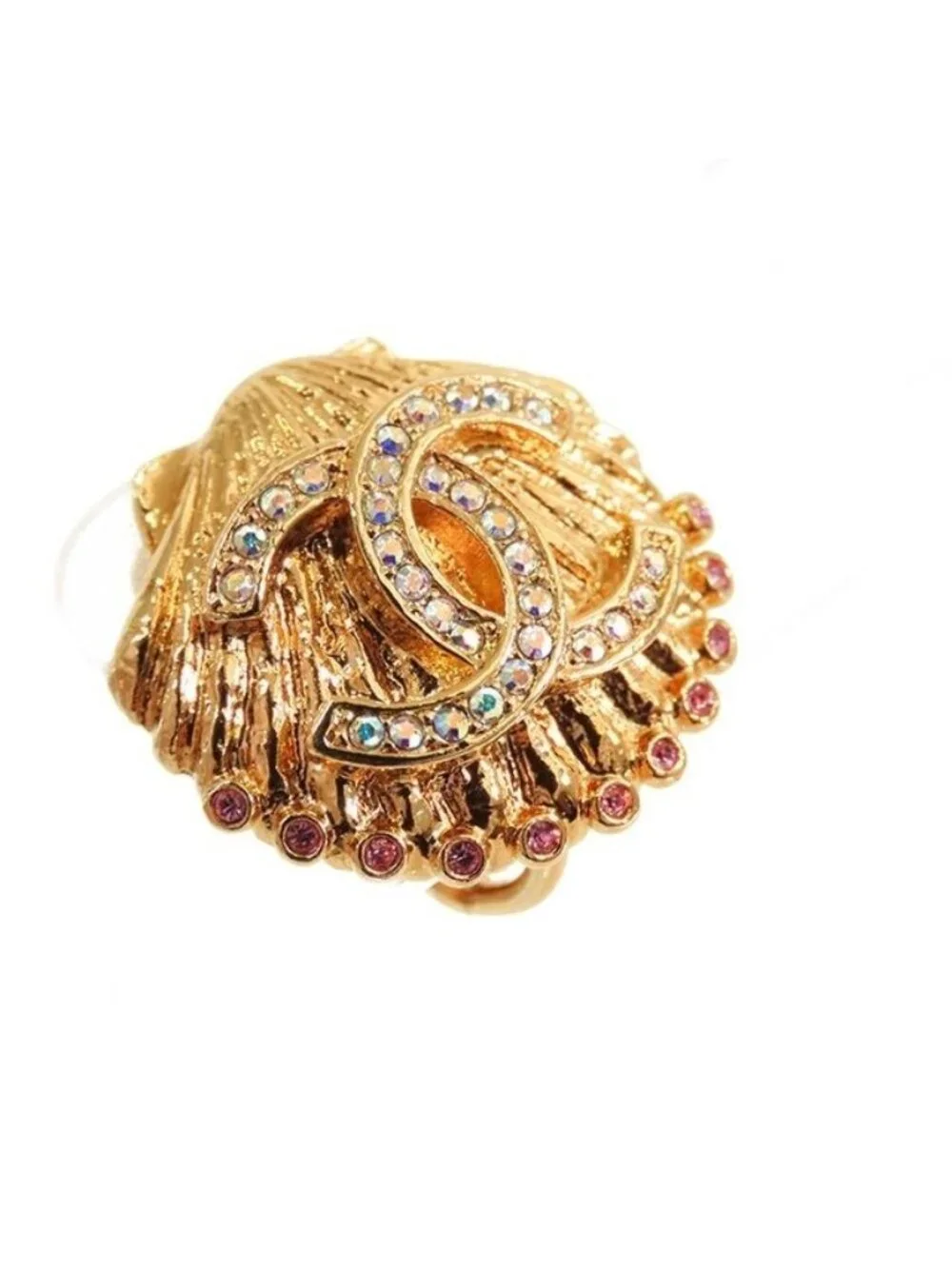 Chanel Shell Motif Earrings Gold Metal Rhinestone CC Logo